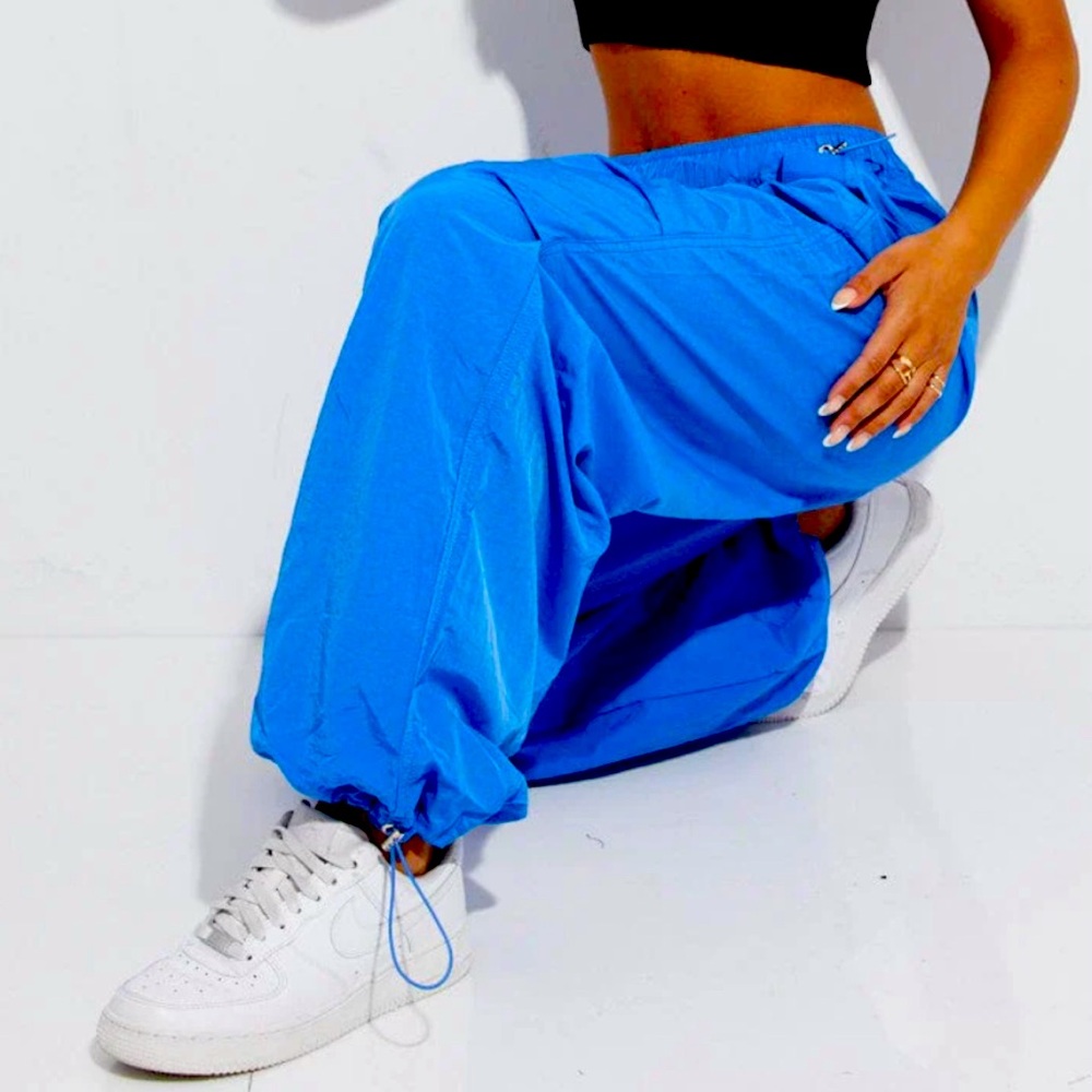 Electric blue parachute pants